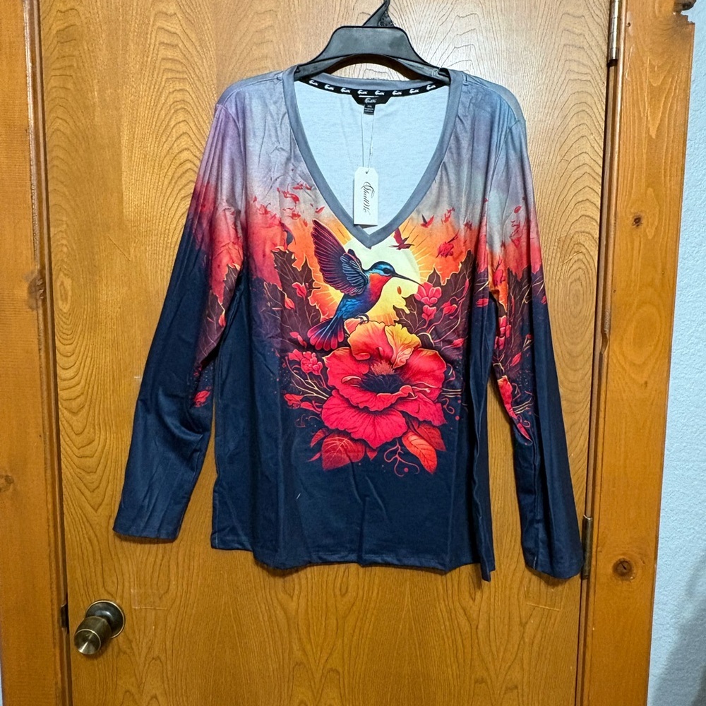 Vibrant Floral Hummingbird Long Sleeve Top